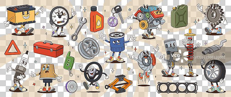 时髦的汽车零件和修理工具角色图片素材