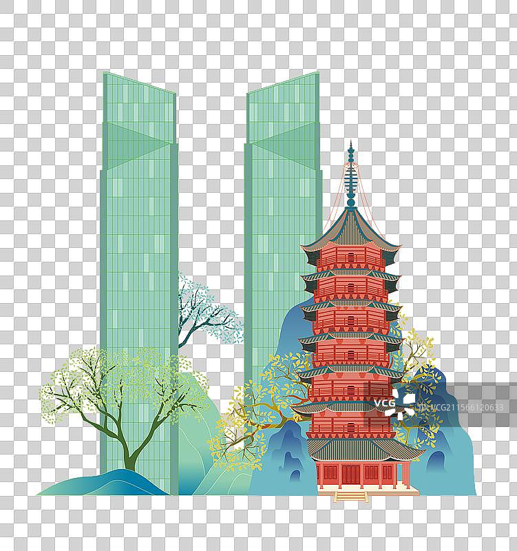 国风国潮风古风城市建筑插画元素矢量—湖州东吴国际广场双子塔  飞英塔图片素材