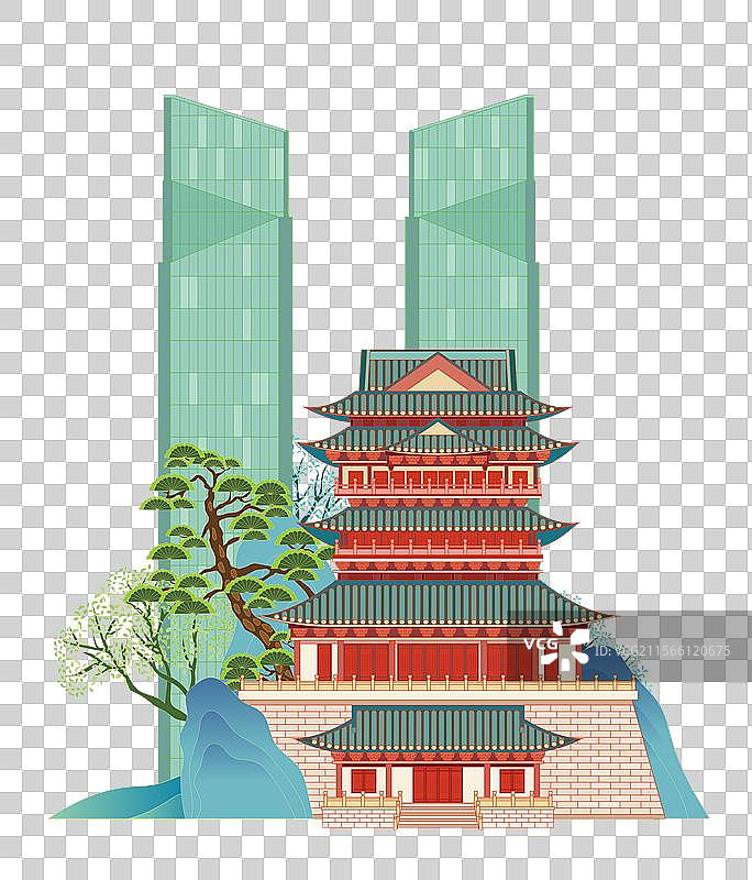 国风国潮风古风城市建筑插画元素矢量—湖州 仁皇阁 湖州东吴国际广场双子塔图片素材