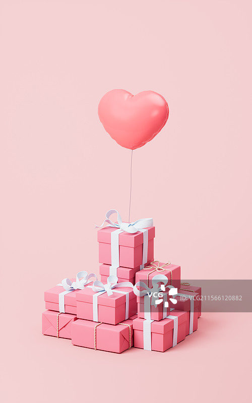 方形礼物纸盒与爱心气球三维渲染图片素材
