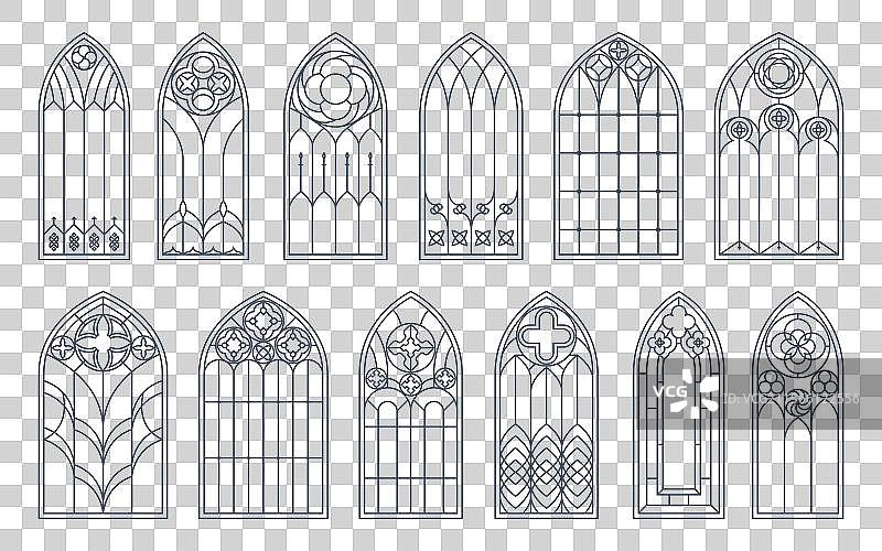 中世纪天主教拱门和哥特式教堂窗户图片素材