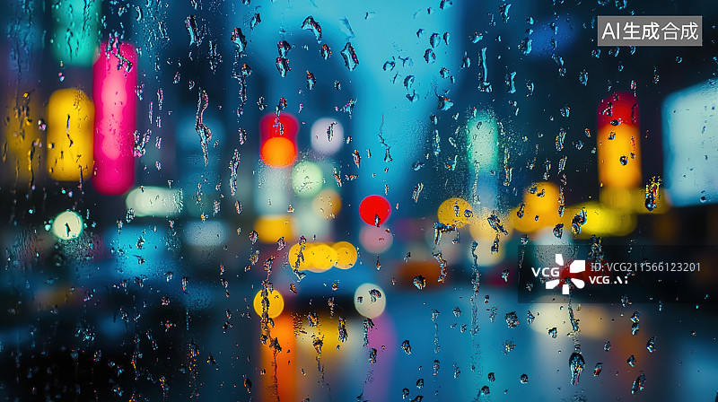 【AI数字艺术】雨夜玻璃窗外城市散景图片素材