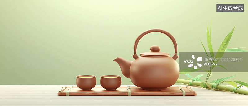 【AI数字艺术】清新中式茶文化主题沏一壶清茶茶壶竹叶图片素材
