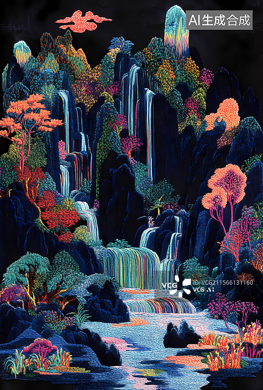 【AI数字艺术】精美的山水刺绣图片素材