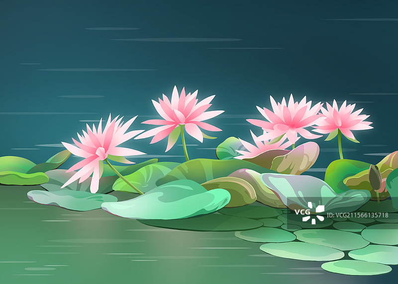 24节气-立夏-荷花荷叶-风景-横向手绘插画图片素材