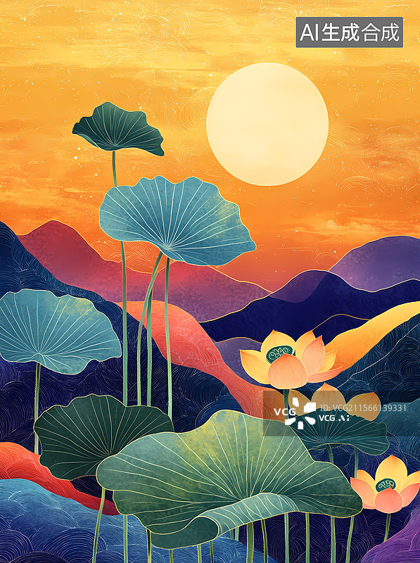 【AI数字艺术】夜色荷塘图片素材