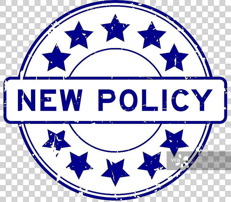 蓝色磨损的新政策字样，带星形图标的圆形设计图片素材