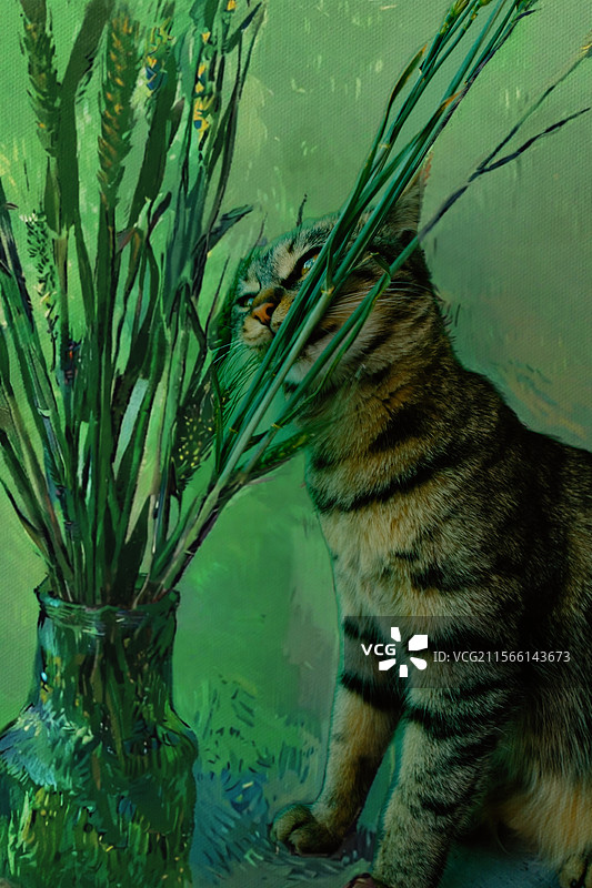 室内绿色背景。狸花猫。麦穗。玻璃花瓶。油画风格。宠物头像图片素材