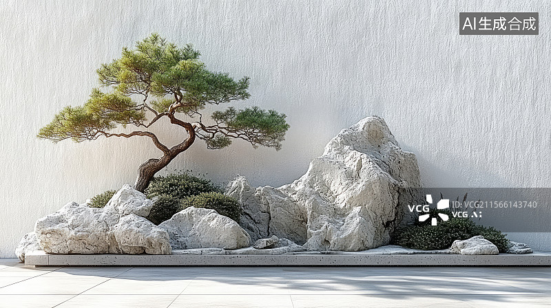 【AI数字艺术】中国古典园林假山石罗汉松造型背景图片素材