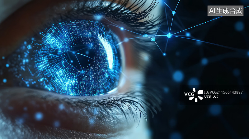 【AI数字艺术】人眼扫描和虹膜特写，未来生物识别技术概念图片素材