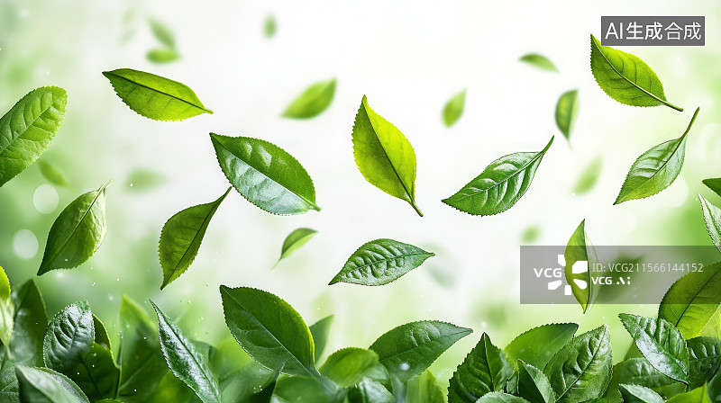 【AI数字艺术】空中飞舞的新鲜茶叶，茶叶广告主题背景图片素材