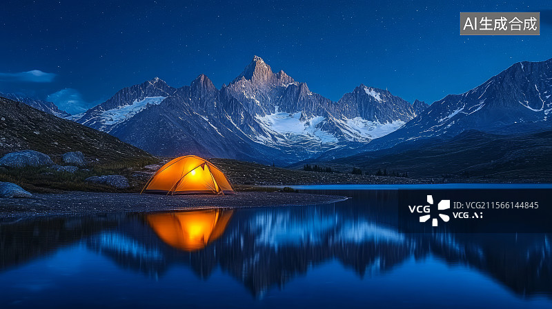 【AI数字艺术】夜幕下的雪山湖泊星空和发光的露营帐篷图片素材