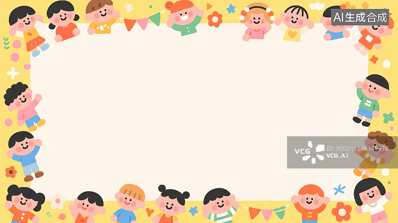 【AI数字艺术】儿童节卡通花边边框 国内外中国外国国际幼儿园小学生小朋友形象装饰画印花图案空白背景板创意设计素材图片素材