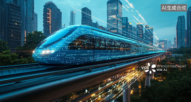 【AI数字艺术】科技感城市轻轨穿行于高楼图片素材