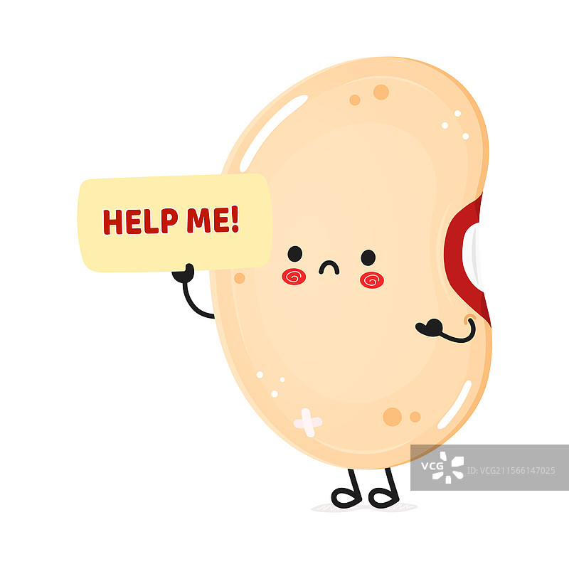 一只可爱的红豆卡通形象正在举着“帮助”标志。图片素材