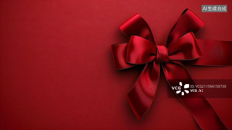 【AI数字艺术】红色背景下的丝滑绸缎蝴蝶结   红色丝带蝴蝶结背景图片素材