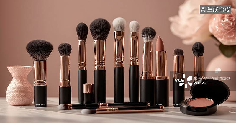 【AI数字艺术】高档化妆刷及彩妆产品展示图片素材