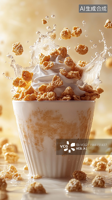【AI数字艺术】牛奶飞溅的早餐麦片图片素材