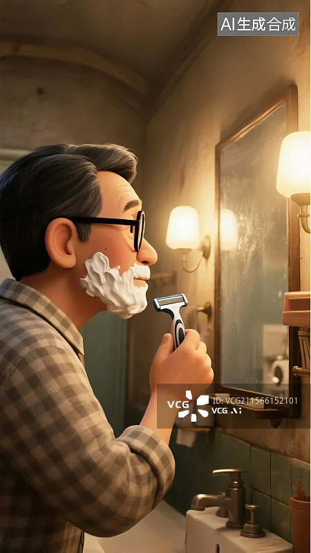【AI数字艺术】父亲节，父亲浴室剃须，暖光相伴，展日常温馨亲情瞬间。图片素材