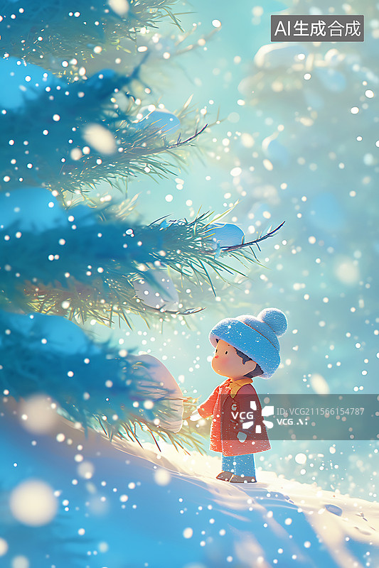【AI数字艺术】户外自然风景卡通可爱C4D人物二十四节气之小寒竖版插画图片素材