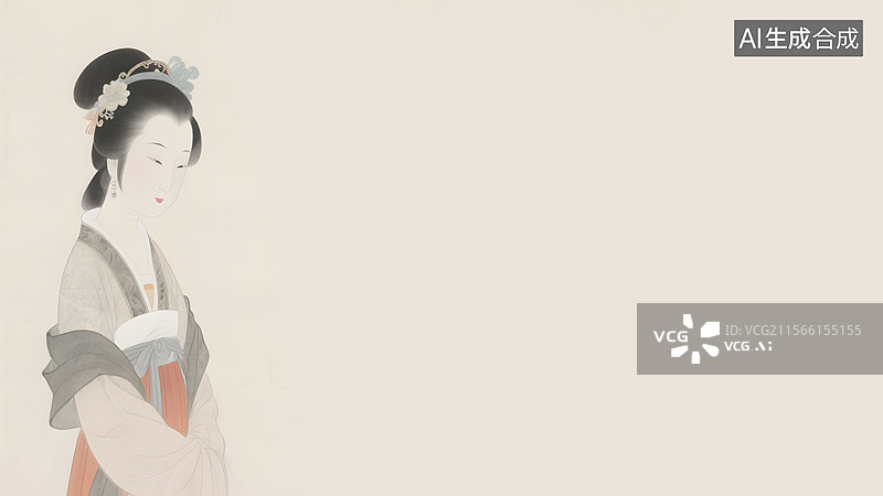 【AI数字艺术】水墨画复古怀旧清秀婉约明清仕女图居左图片素材