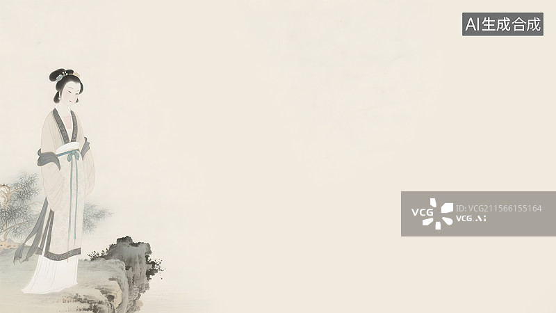 【AI数字艺术】水墨画复古怀旧清秀婉约明清仕女图居左图片素材