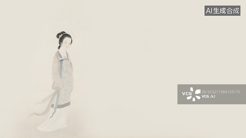 【AI数字艺术】水墨画复古怀旧清秀婉约明清仕女图居左图片素材