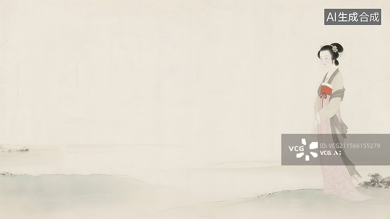 【AI数字艺术】水墨画复古怀旧清秀婉约明清仕女居右图片素材