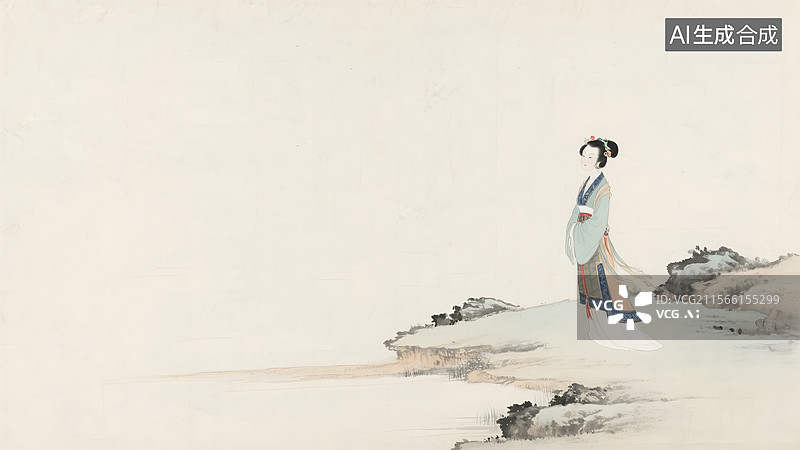 【AI数字艺术】水墨画复古怀旧清秀婉约明清仕女居右图片素材