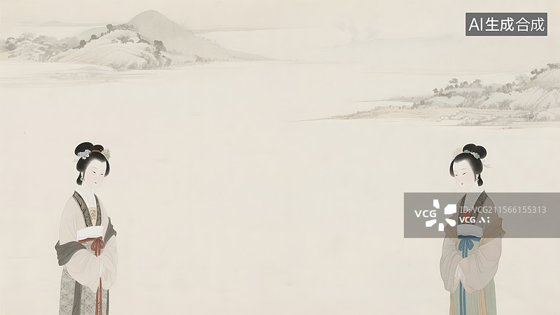 【AI数字艺术】水墨画复古怀旧清秀婉约明清仕女图两侧图片素材