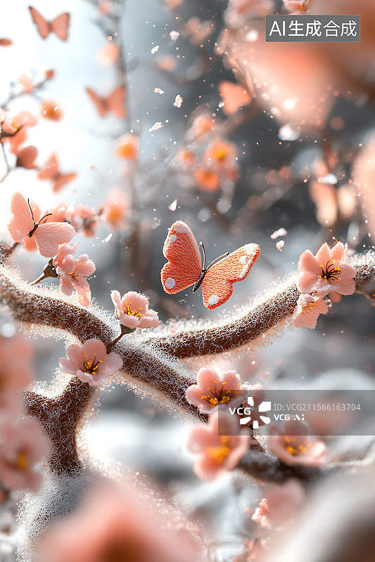 【AI数字艺术】春天蝴蝶可爱清新羊毛毡毛绒节气季节户外自然风景微缩景观图片素材