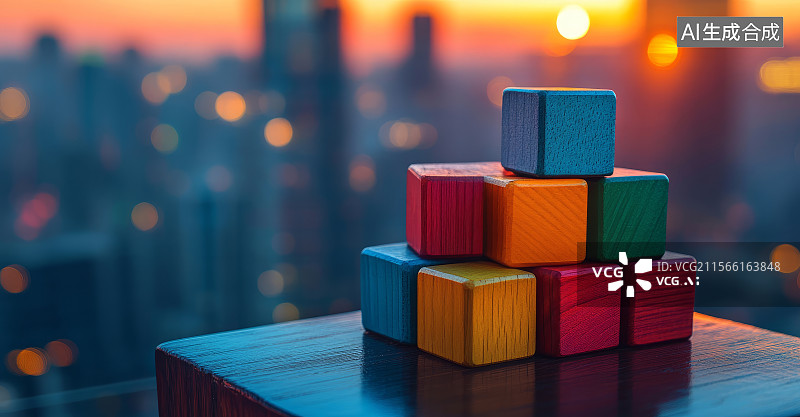 【AI数字艺术】彩色积木堆叠于城市背景前图片素材