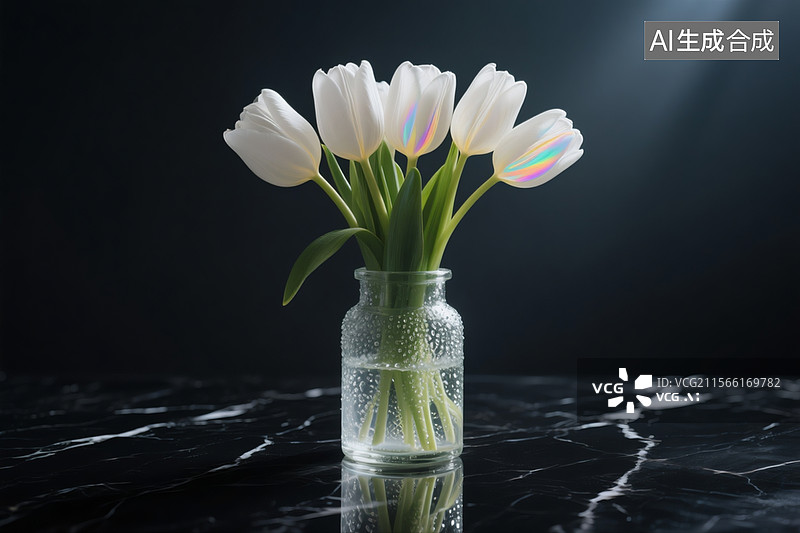 【AI数字艺术】暗调戏剧化灯光场景，纯白郁金香束在黑色大理石桌面倒映，花瓣脉络呈现虹彩渐变图片素材