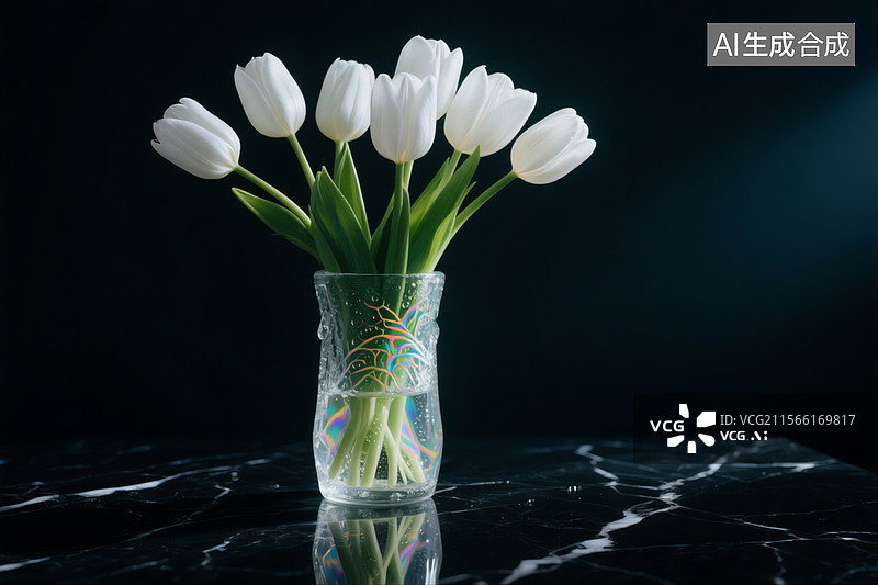 【AI数字艺术】暗调戏剧化灯光场景，纯白郁金香束在黑色大理石桌面倒映，花瓣脉络呈现虹彩渐变图片素材