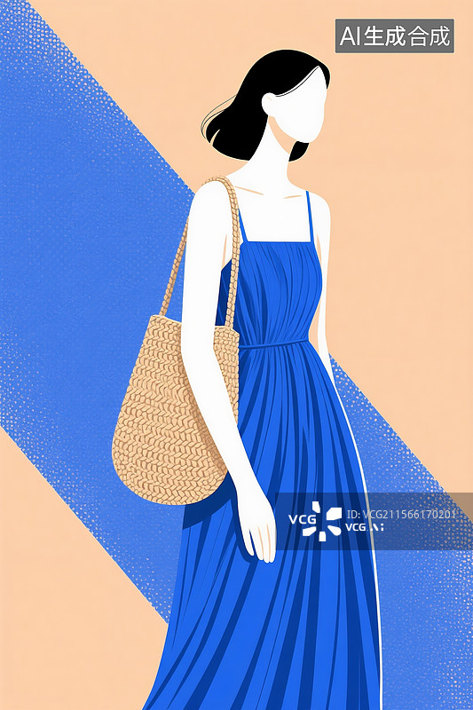 【AI数字艺术】淡黄色背景，钴蓝色褶皱垂感吊带裙女性，斜跨粗纹编织包，极简度假风格插画图片素材