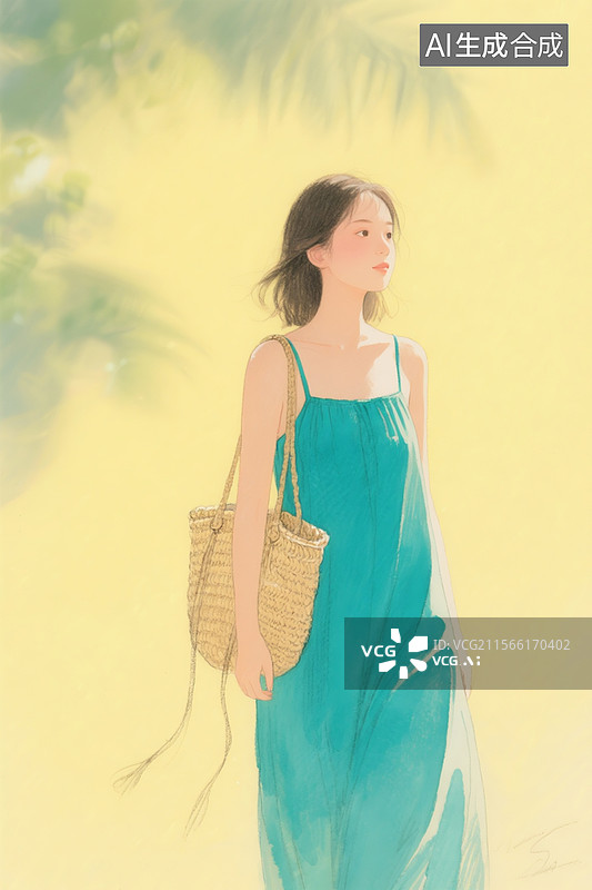 【AI数字艺术】鹅黄背景，穿孔雀蓝吊带长裙的年轻女性，草编包带自然垂坠，手绘度假主题插画风格，带有水彩质感与铅笔速写图片素材