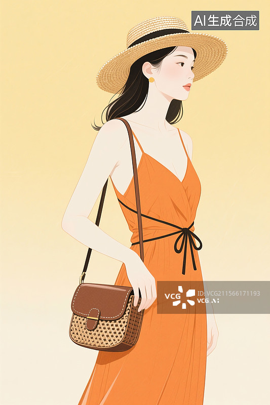 【AI数字艺术】哑光淡黄渐层背景，戴草帽的都市女性，交叉绑带式橘黄长裙，肩挎编织邮差包，极简主义插画风格图片素材