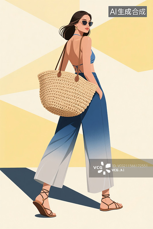 【AI数字艺术】现代插画，浅黄几何分割背景。度假造型女性穿蓝灰渐变阔腿裤搭配露背上衣，大草编包，脚图片素材