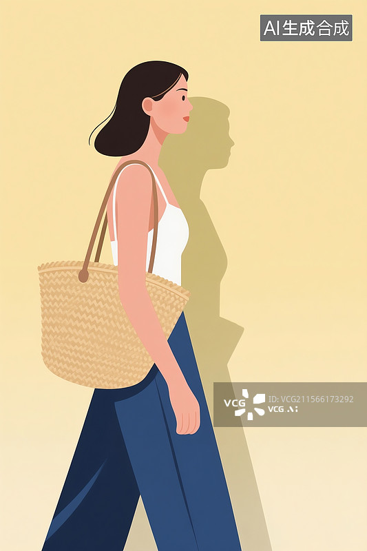 【AI数字艺术】扁平化插画，浅黄油色背景。时尚女性侧身站立，藏青阔腿裤与白色吊带上衣形成对比，肩背草编包图片素材