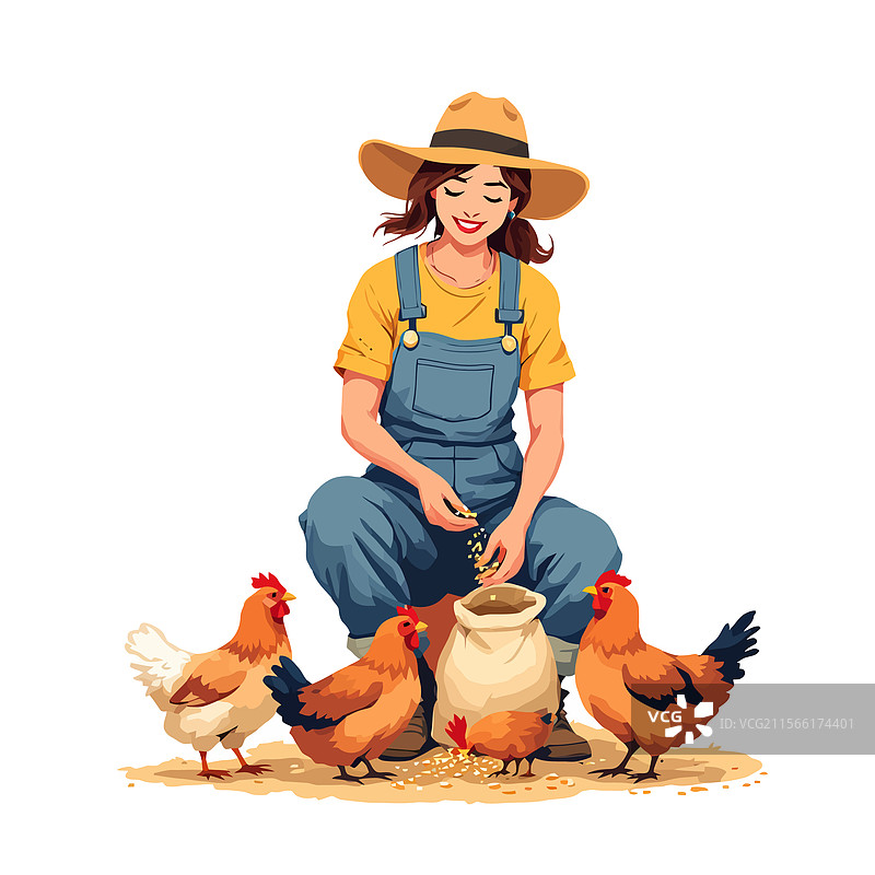 农妇用玉米喂养鸡群图片素材