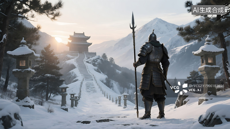 【AI数字艺术】将军身穿厚重铠甲站在雪地上 准备攻入远处的古楼图片素材