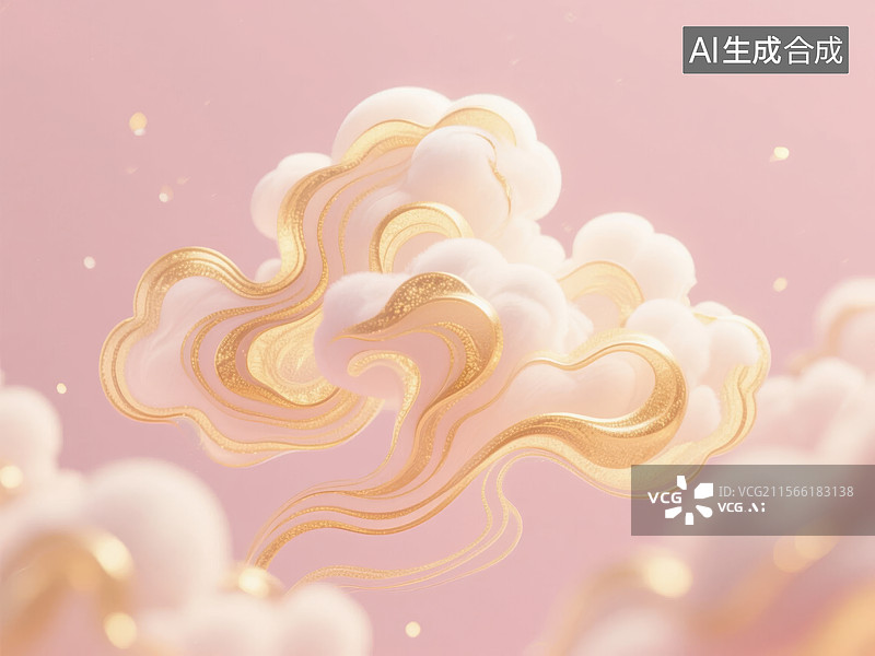 【AI数字艺术】金色线条点缀的梦幻云朵图片素材