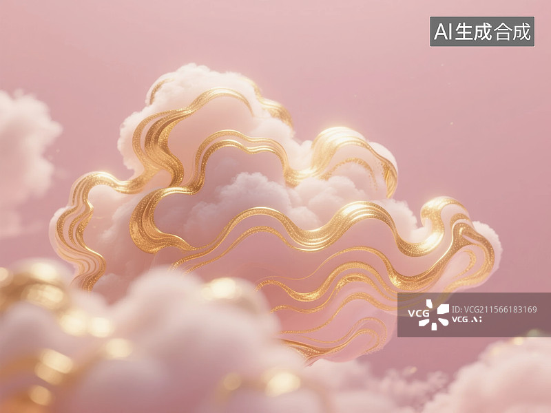【AI数字艺术】金色波纹与粉色云朵的抽象艺术图片素材