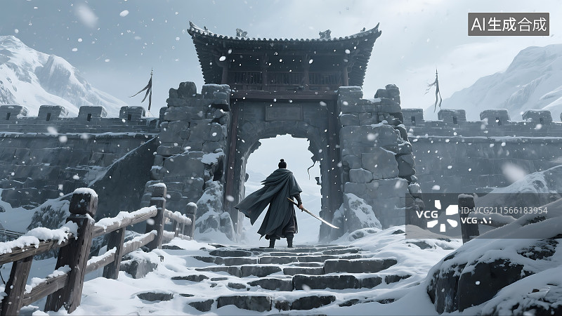 【AI数字艺术】侠客穿披风 持剑 站在破败的雪山关隘前图片素材