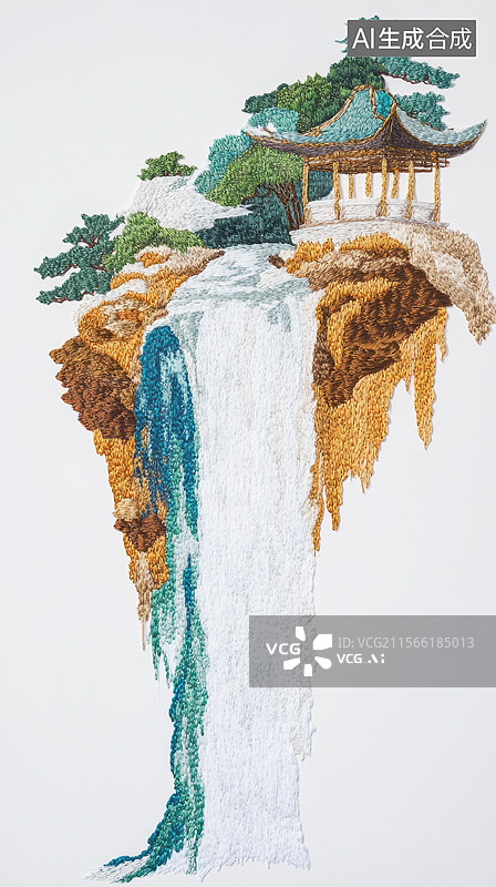 【AI数字艺术】山水画中的瀑布与亭阁图片素材