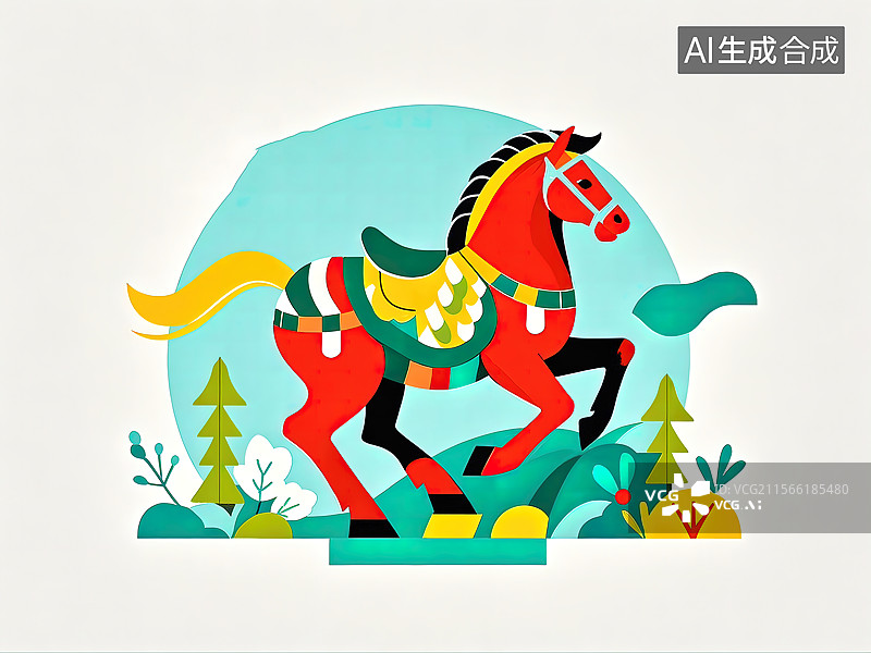 【AI数字艺术】色彩鲜明的扁平插画卡通唐三彩马图片素材