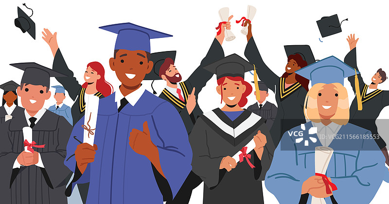 一群穿着学位袍的毕业生手持毕业证书图片素材
