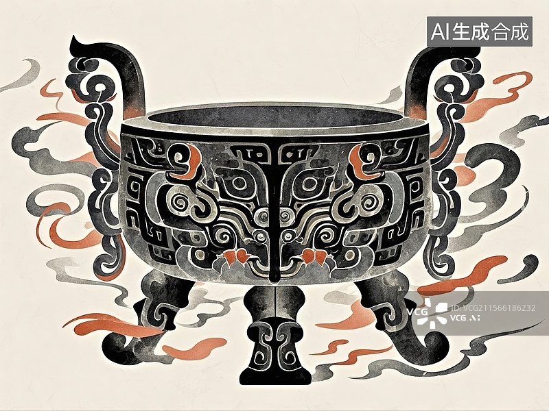 【AI数字艺术】夸张造型的古代青铜器大克鼎卡通水墨插图图片素材