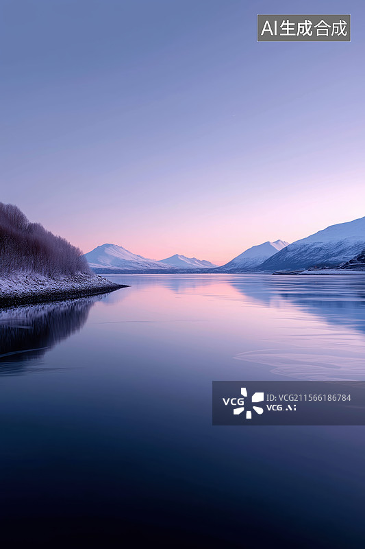 【AI数字艺术】雪山湖面日落背景图片素材