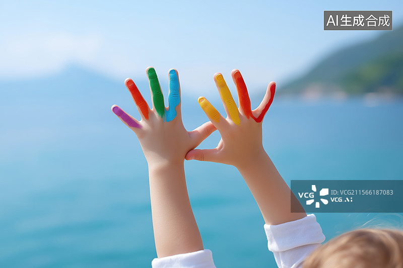 【AI数字艺术】彩色手指画在海边图片素材